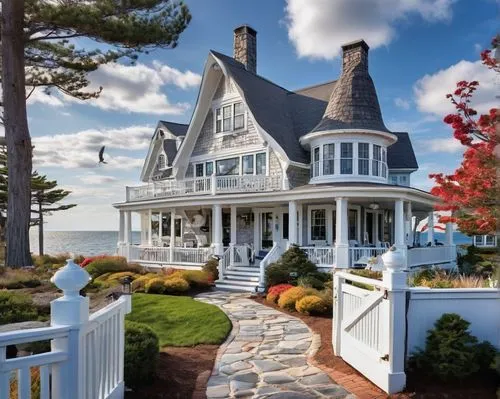 Coastal New England architecture, Cape Cod style, white wooden house, gray roof, dormer windows, cedar shingles, wraparound porch, Adirondack chairs, nautical decorations, lanterns, potted flowers, st