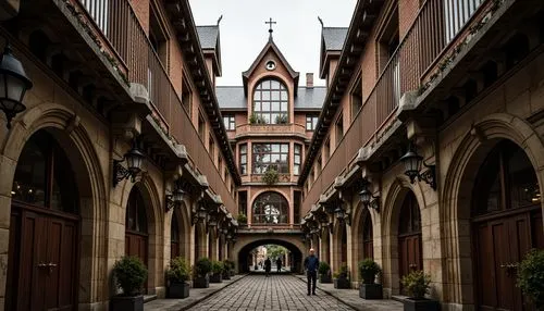 Intricate stone carvings, pointed arches, ribbed vaults, flying buttresses, grandiose hallways, ornate balconies, steeply pitched roofs, slate tiles, copper flashing, gabled dormers, leaded windows, s