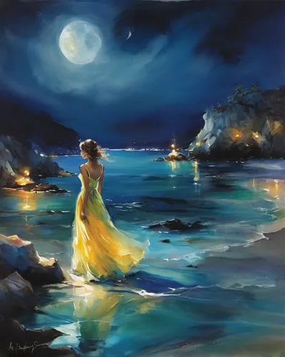 moonlit night,sea night,art painting,moondance,moonlight,dreamtime,Illustration,Paper based,Paper Based 11