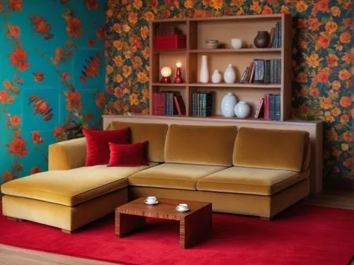 çiçek desenli duvar kağıdı,settee,sofa set,chaise lounge,yellow wallpaper,danish room,sitting room,contemporary decor,guestroom,apartment lounge,mid century modern,interior decor,modern decor,interior