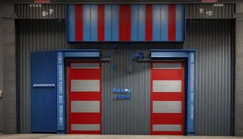 This is a warehouse the blue are racks to storage cargo and red and green are automated train to transport cargo to the middle,roller shutter,hinged doors,blue doors,garage door,steel door,metallic do