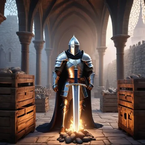 Medieval fantasy, claymore sword, stone wall, ancient castle, gothic architecture, mysterious ambiance, misty fog, warm torch lighting, intricate stonework, rusty armor, leather gloves, wooden crates,