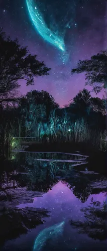 dubai garden glow,night sky,purple landscape,lagoon,alien world,the night sky,nothern lights,fairy galaxy,nightsky,alien planet,galaxy,aurora borealis,nightscape,auroras,jacaranda,bioluminescence,mindanao,aurora,planet alien sky,milky way,Conceptual Art,Sci-Fi,Sci-Fi 13