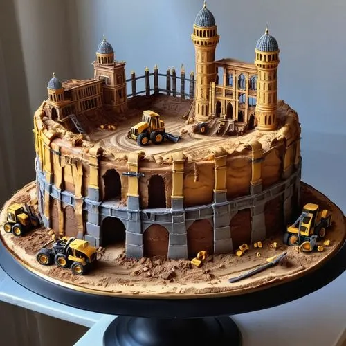 торт в виде строительной площадки,a cake on a table with a truck and building,a cake,torte,the cake,bowl cake,little cake,gold castle,Conceptual Art,Fantasy,Fantasy 27