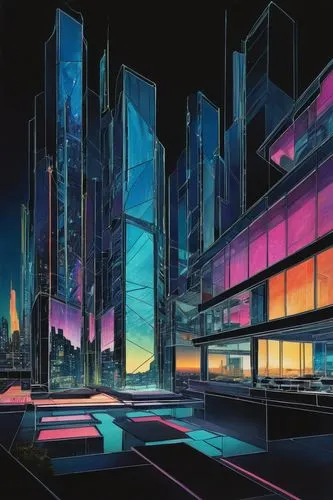 cybercity,cybertown,futuristic landscape,cyberport,cyberworld,futurist,hypermodern,futuristic architecture,cyberscene,sedensky,digitalism,metropolis,polara,cityscape,cyberpunk,neuromancer,arcology,synth,cyberspace,fantasy city,Illustration,Retro,Retro 25