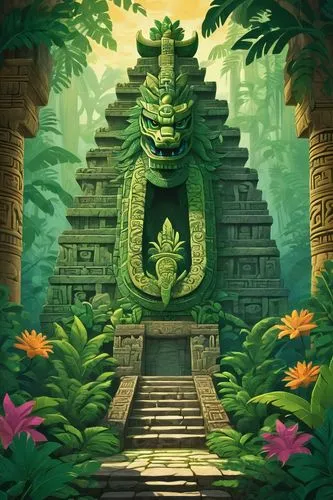 maya civilization,cambodia,artemis temple,tiki,anahata,pachamama,aztec,maya city,angkor,world digital painting,monstera,yucatan,chichen itza,sacred lotus,temple,quetzal,temples,thai temple,bali,thai buddha,Illustration,Japanese style,Japanese Style 07