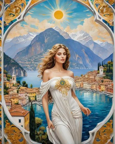 celtic woman,fantasy art,fantasy picture,aphrodite,italian painter,celtic queen,heroic fantasy,world digital painting,venetia,fantasy woman,art painting,fantasy portrait,the blonde in the river,oil painting on canvas,greek myth,greek mythology,sea fantasy,goddess of justice,prosperity and abundance,italy,Unique,Design,Logo Design