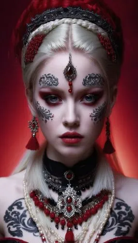 Avril Lavigne with a porcelain skin, like complexion, adorned with intricate red and white tattoos, stares directly at the viewer. Her eyes are a deep crimson, and her lips are painted a soft red. She