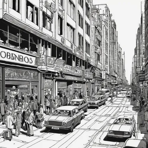 mono-line line art,paris shops,larambla,passeig de gracia,street scene,shopping street,watercolor paris shops,the boulevard arjaan,nevsky avenue,harrods,arbat street,mono line art,broadway,boulevard,wenceslas square,cocido madrileño,commerce,pedestrian zone,kadikoy,hand-drawn illustration,Illustration,American Style,American Style 14