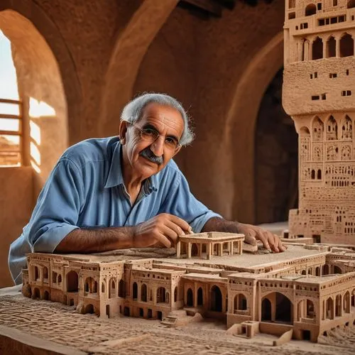 colage art  Hassan Fathy with his work,makli,parviz,ibn tulun,mehrangarh,iltutmish,mehrauli,el djem,islamic architectural,neemrana,taj machal,kasbah,la kasbah,motlaq,musaab,alhambra,jahanbakhsh,jaisal