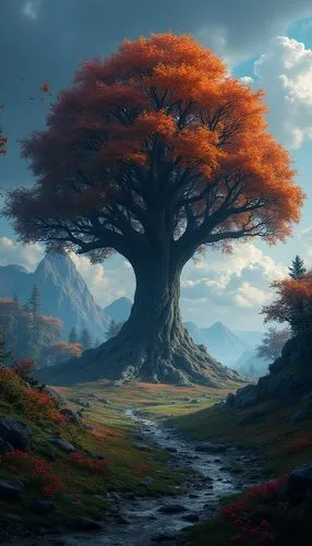 isolated tree,lone tree,dragon tree,celtic tree,painted tree,fantasy landscape,Photography,General,Realistic