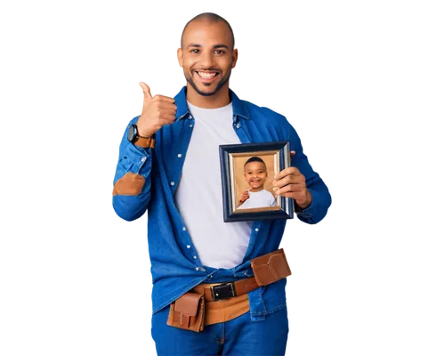 Happy Father's Day, African American father, smiling face, beard, shaved head, gold chain, white shirt, dark blue jeans, brown leather belt, holding picture frame, family photo, warm lighting, 3/4 com