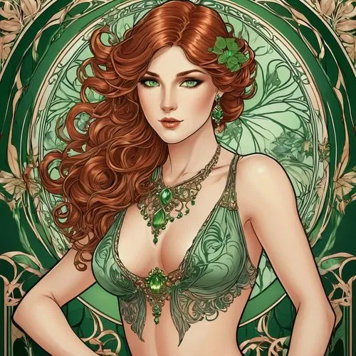 poison ivy,celtic queen,merida,ivy,dryad,art nouveau,fae,anahata,emerald,filigree,rusalka,the enchantress,flora,art nouveau design,background ivy,faery,absinthe,faerie,sorceress,celtic woman,Illustration,Retro,Retro 13