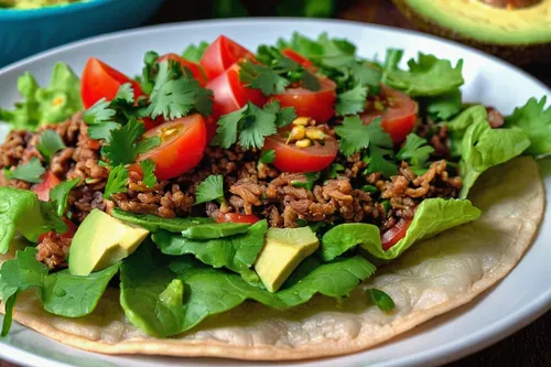 Vegan tostada recipe with refried beans, soy curls, avocado tomato, jalapeno, lettuce, cilantro. Photo showing a bite take from a tostada,mango catfish taco,southwestern united states food,tacos food,