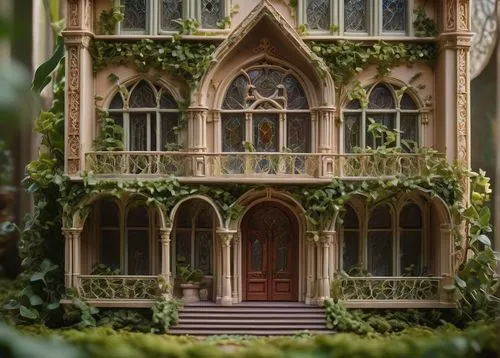 miniature house,garden elevation,fairy house,victorian,witch's house,dandelion hall,ivy frame,model house,doll house,brympton,conservatory,green garden,doll's house,victorian house,victoriana,rapunzel,fairy door,victorians,tyntesfield,row of windows,Art,Artistic Painting,Artistic Painting 26