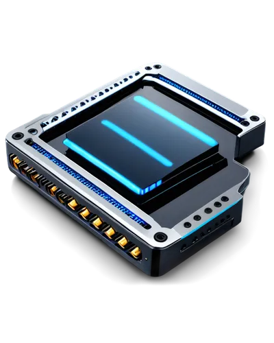 Display port image, futuristic high-tech gadget, metallic silver body, glowing blue LED lights, intricate circuitry details, sleek modern design, reflective surface, shallow depth of field, 3/4 compos