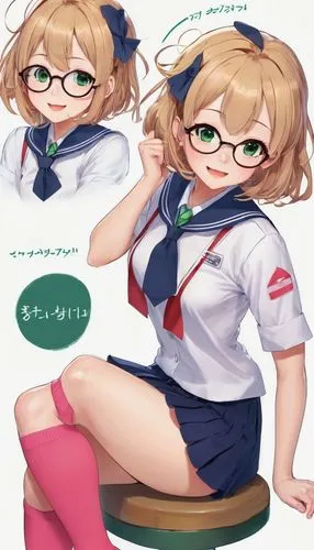 Shota, mojorojo, cute face, big round glasses, short blonde hair, pink cheeks, sailor outfit, white shirt, blue tie, red mini skirt, white knee-high socks, black loafers, sitting, Japanese classroom, 