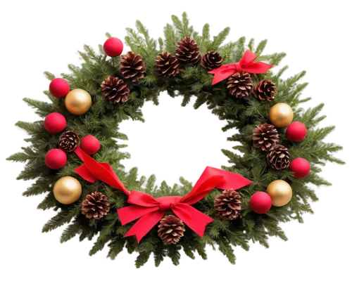 Advent wreath, circular shape, evergreen branches, red ribbons, golden ornaments, pinecones, candles, festive atmosphere, warm lighting, soft focus, 3/4 composition, shallow depth of field, vibrant co