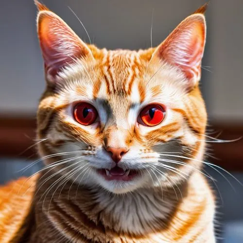 red eyed cat smiling, uncanny valley look,a cat with red eyes looks at the camera,purgatoire,mau,red whiskered bulbull,orange eyes,orange tabby cat,fire red eyes