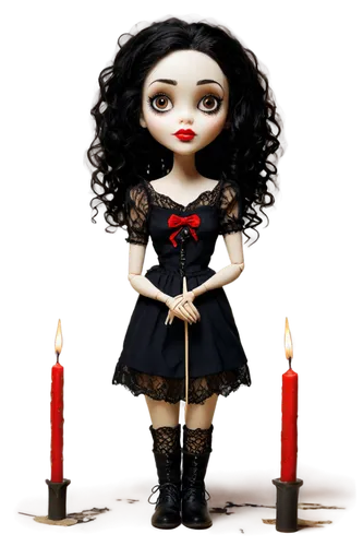 Voodoo doll, creepy, porcelain skin, red lips, messy black hair, glassy eyes, worn-out clothes, torn lace, old-fashioned boots, holding a needle, surrounded by candles, mysterious aura, warm dim light