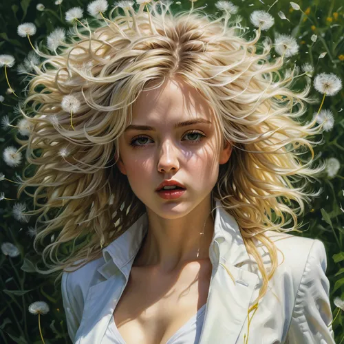 girl in flowers,blonde woman,portrait of a girl,blond girl,blonde girl,girl portrait,fantasy portrait,wild flower,flora,golden flowers,daisies,mystical portrait of a girl,dahlia white-green,buttonbush,oil painting on canvas,white daisies,beautiful girl with flowers,oil painting,girl in the garden,flower girl,Illustration,Realistic Fantasy,Realistic Fantasy 03