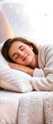 Good night scene, starry sky, crescent moon, soft glowing clouds, dreamy atmosphere, cozy bed, white pillows, warm blankets, sleeping girl, sweet smile, closed eyes, gentle lighting, shallow depth of 