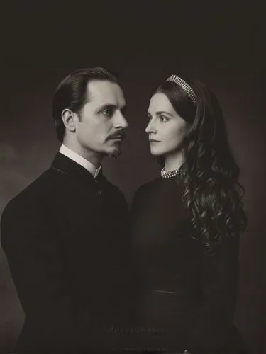 Official full-length black and white portrait of Their Majesties King Charles I and Queen Olga of Württemberg.,two people, one wearing a black dress and one wearing a tiara,addams,downton,gothic portr