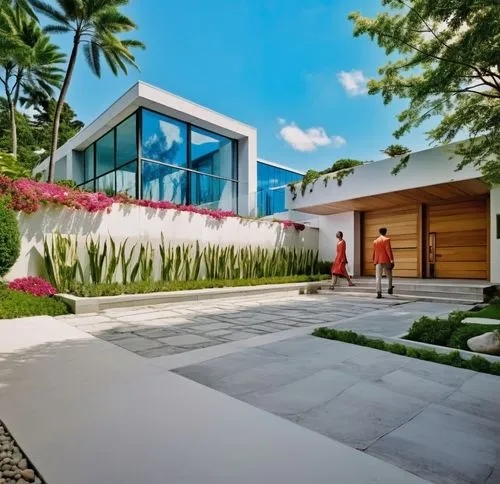 DISEÑO ESTERIOR DEL ACCESO A UNA RESIDENCIA, CON UN PORTON METALICO EN INMITACIÓN MADERA, CON PLANTAS DE FORMIO EN EL ACCESO, ARBOLES Y VEGETACIÓN EXUBERANTE,a man and woman walk down an entry way,lan