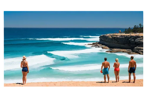 Bondi Beach, Sydney Australia, summer day, sunny weather, blue sky, white sand, turquoise ocean water, surfers riding waves, lifeguards standing watch, beach umbrellas, sunbathing people, swimsuits, s