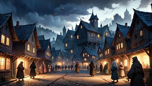 medieval street,medieval town,hogsmeade,riftwar,nargothrond,escher village,Anime,Anime,Cartoon