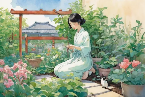 girl picking flowers,flower painting,青龙菜,girl in the garden,oriental painting,chinese art,hanbok,farmer's jasmine,lotus plants,japanese art,junshan yinzhen,japanese woman,gardening,dongfang meiren,tuberose,greenhouse cover,chinese cabbage,luo han guo,lily of the field,daikon,Illustration,Paper based,Paper Based 17