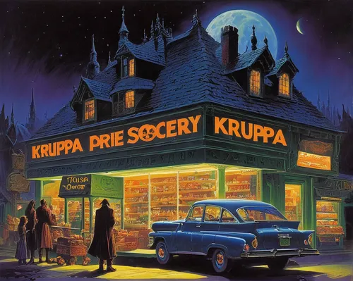 Write a spooky story set in Krupa Grocery at midnight.,the night of kupala,cd cover,kaputas,kurri,kapparis,kupari,birds of prey-night,album cover,halloweenkuerbis,kurai steppe,soup kitchen,kolach,kiep