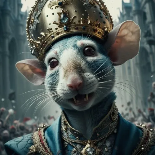 I want you to create this image of a mouse with a king's clothes and crown, he has a big, ugly mouse face to highlight these human features more, (create a more intimidating face),a rat is wearing a c