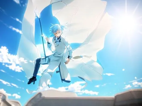 anime, backgroud tree,light blue suit,blue sky,white heart,heavenly ladder,glory of the snow,blue sky and white clouds,sky,eternal snow,white cloud,薄雲,azure,fallen from the sky,justitia,heaven gate,fl