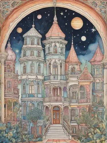 Architecture colouring book, intricate details, vintage style, fantasy buildings, ornate decorations, grand staircases, mystical creatures, celestial bodies, stars, moons, planets, soft pastel colours