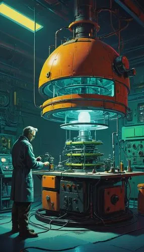 Horizon style, cyberpunk style, retro-futuristic, by Simon Stalenhag, {scientist assembles a compact nuclear reactor in the laboratory. perfect hands, perfect anatomy} . vintage sci-fi, 50s and 60s st