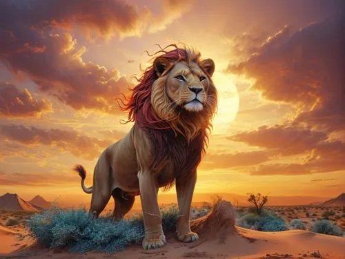 Create an impressive beige and brown sandstorm building up a most awe-inspiring, very detailed, majestic lion's face with intriguing eyes over a rough dessert landscape with scattered bushes. The lion