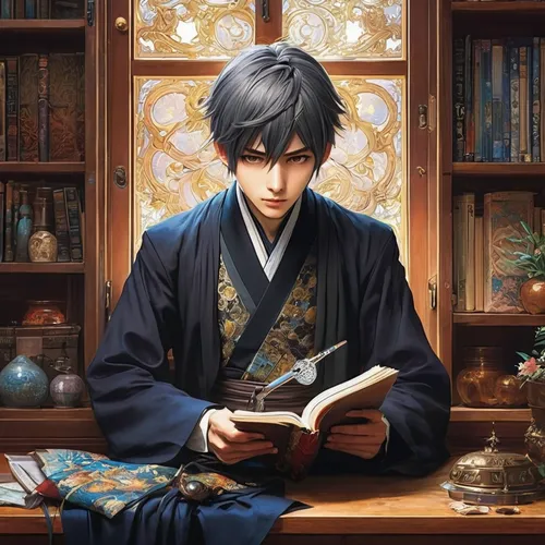 scholar,bookworm,reading,read a book,kado,novels,child with a book,ren,books,sensei,the son of lilium persicum,cg artwork,author,vanitas,relaxing reading,magic book,a book,novel,yukio,anime japanese clothing,Art,Classical Oil Painting,Classical Oil Painting 42