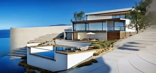 A sleek, modern two-story home with expansive walls of glass, crisp white architecture, and wood accents, sits in front of a stunning starry night sky. The surrounding landscape features minimalist de