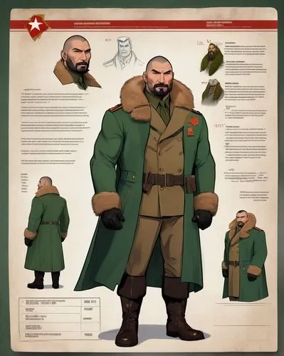 Dave Bautista as a communist general wearing a brown coat and a green fur cape,Dave Bautista as Red Barbarian,zarkov,mordenkainen,dwarf sundheim,vladimirovich,zangief,medvedkov,Unique,Design,Character