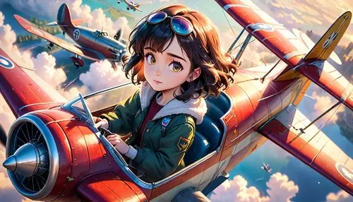 a woman piloting an old classic airplane,,minakami,mogami,biplane,earhart,akizuki,kantai collection sailor,jmsdf,noshiro,kumiko,captain p 2-5,yamato,kantai,akagi,hamoaze,hoshihananomia,biplanes,shigur