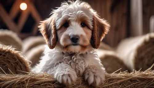 Fluffy stabledoodle, adorable puppy face, floppy ears, big brown eyes, curly fur, white paws, sitting posture, cozy stable interior, wooden beams, hay bales, natural lighting, warm atmosphere, rustic 