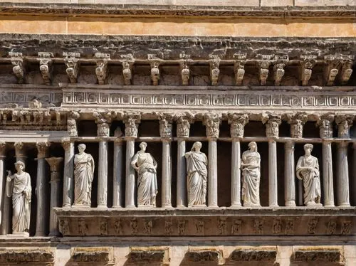 Ancient Roman columns, Doric, Ionic, Corinthian orders, marble, limestone, granite materials, ornate carvings, fluted, grooved, pedestals, architraves, friezes, metopes, triglyphs, grandiose, majestic