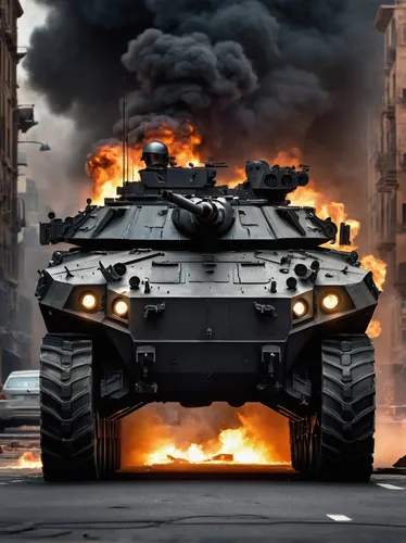 armored vehicle, Nightshark, missile resistance, durable, military-grade, urban warfare, cityscape, explosion aftermath, debris, smoke plumes, dynamic lighting, action-packed scene, high-impact, close