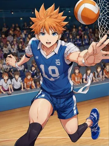 Hinata Shoyo, male, volleyball player, Konoha High School, energetic, determined facial expression, short spiky hair, bright blue eyes, athletic build, volleyball jersey, sweatpants, sneakers, holding