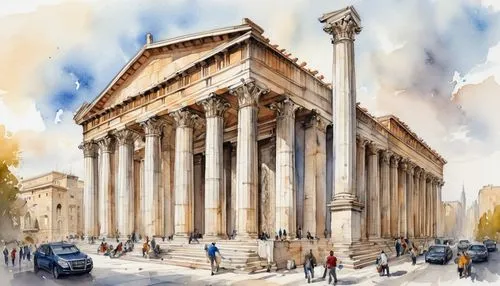 saint george's hall,pantheon,hawksmoor,glyptothek,doric columns,roman bath,ashmolean,capitolium,the parthenon,temple of diana,celsus library,st peter's square,parthenon,threadneedle,roman columns,athenaeum,classical antiquity,philological,roman temple,neoclassical,Illustration,Paper based,Paper Based 24