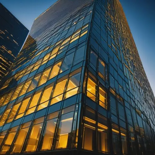 Enterprise architecture, modern corporate building, sleek glass walls, steel frames, angular lines, futuristic design, cityscape background, skyscraper neighboring buildings, busy streets, blurred ped