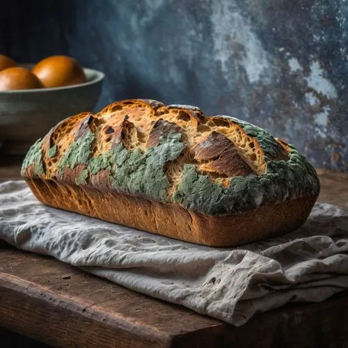 old bread overgrown with mould in the kitchen, excessive mould in various colors growing over the bread,walnut bread,cress bread,weisbrot,finnish nut bread,napoli bread,babka,almond bread,gebildbrot,f