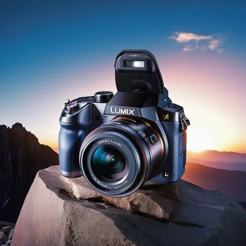 a black lumix camera under the black dark mountain rock podium with galaxy sky background,a camera sitting on top of a large rock,canon 5d mark ii,hasselblad,slr camera,olympus,coolpix,full frame came