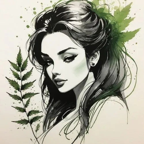 Calligraphy brush, drawing of busty girl, ink only, with mistakes, Close-up of a hemp plant with clusters of small, dark buds on green stems and leaves.,an ink drawing of a woman with her hair in a gr